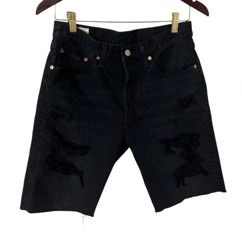 LEVI’S Slouch 501 Distressed Black High Waisted Ripped Denim Long Jean Shorts